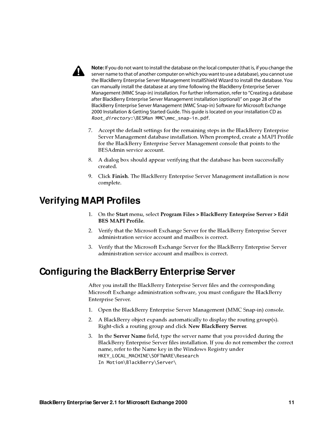 Microsoft 2.1 manual Verifying Mapi Profiles, Configuring the BlackBerry Enterprise Server 