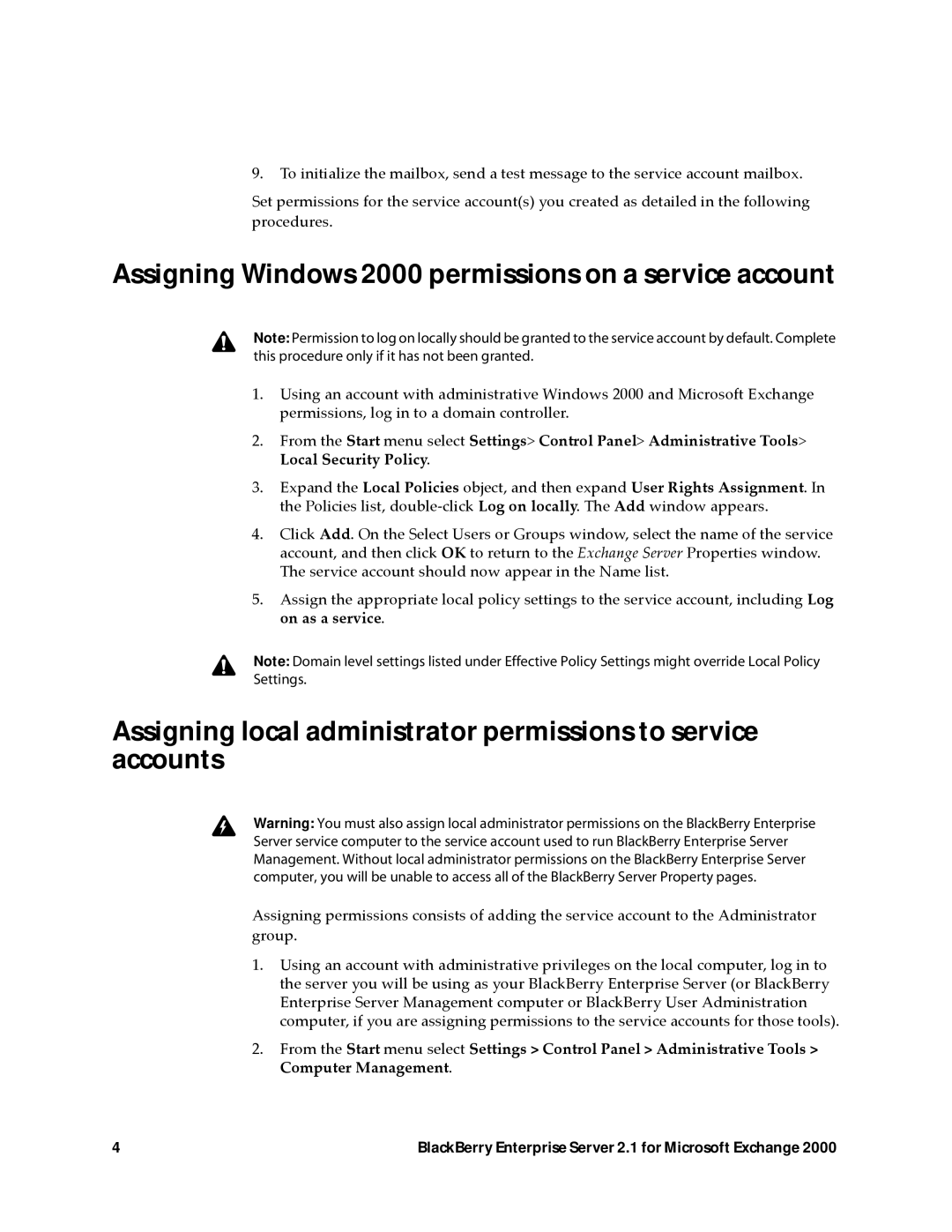 Microsoft 2.1 manual Assigning Windows 2000 permissions on a service account 