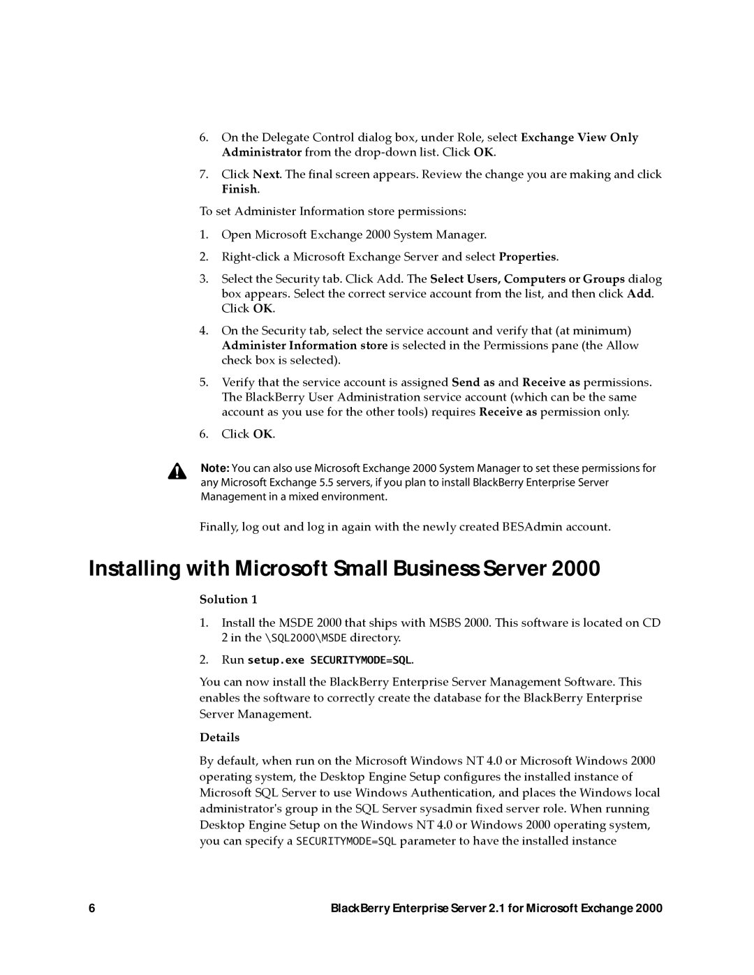 Microsoft 2.1 manual Installing with Microsoft Small Business Server, Solution 