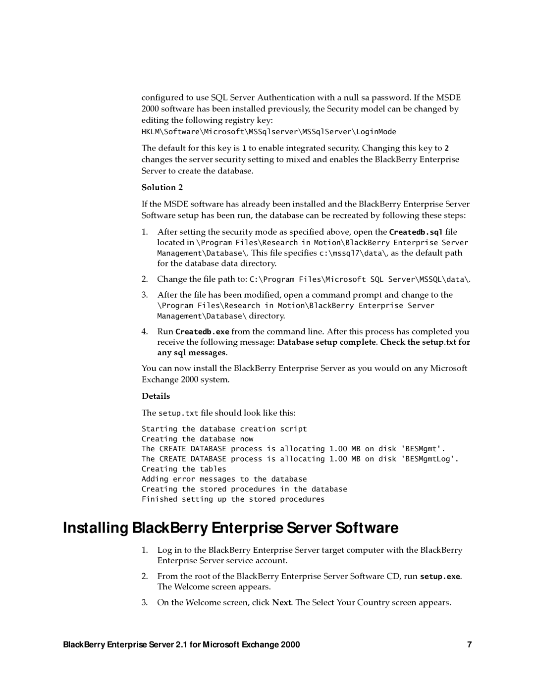 Microsoft 2.1 manual Installing BlackBerry Enterprise Server Software, Setup.txt file should look like this 