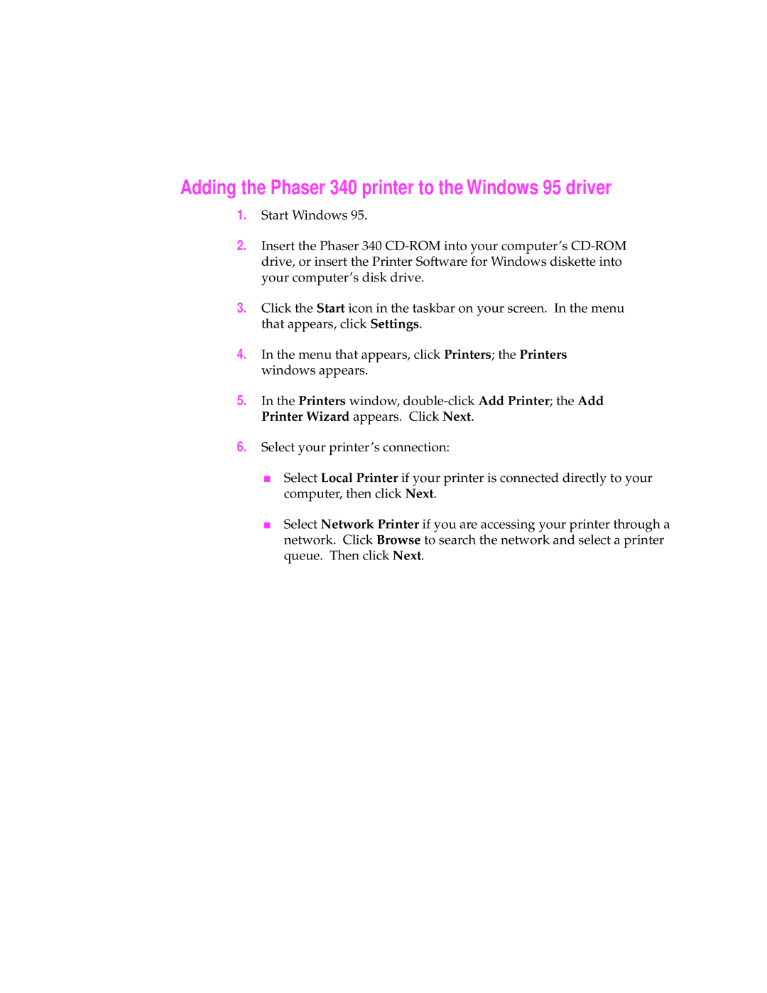 Microsoft manual Adding the Phaser 340 printer to the Windows 95 driver 