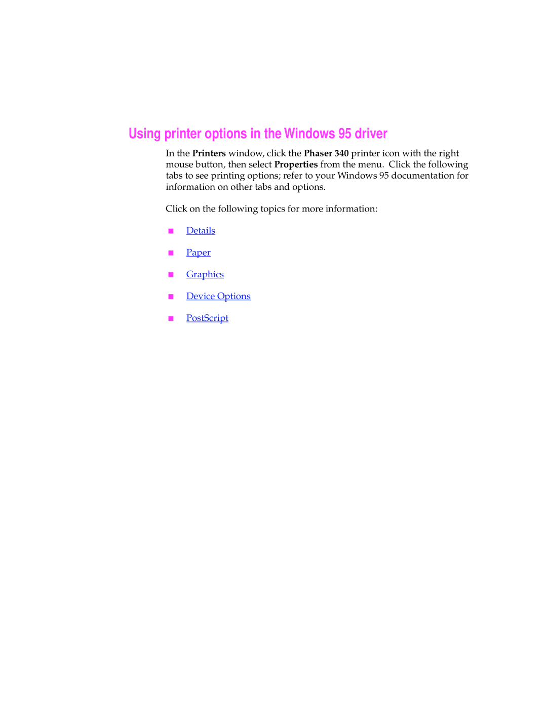 Microsoft 340 manual Using printer options in the Windows 95 driver 