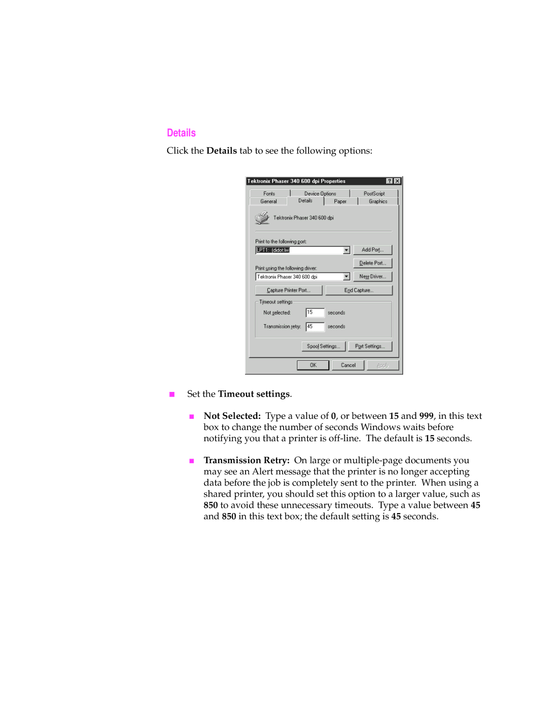 Microsoft 340 manual Details, Set the Timeout settings 