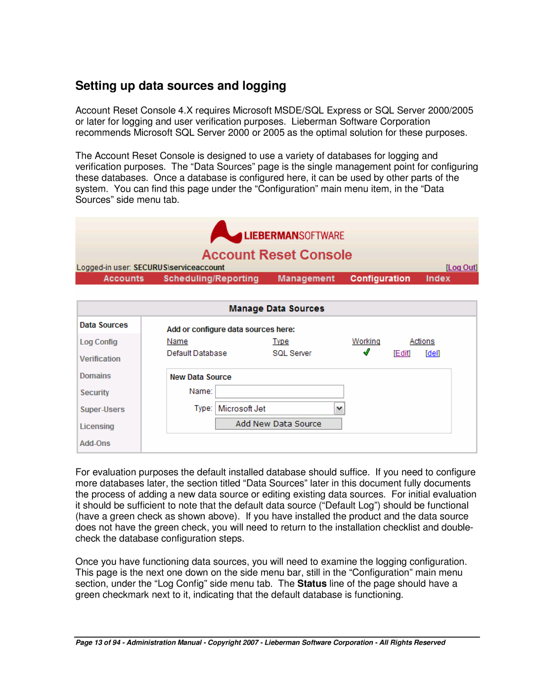 Microsoft 4.5.X manual Setting up data sources and logging 