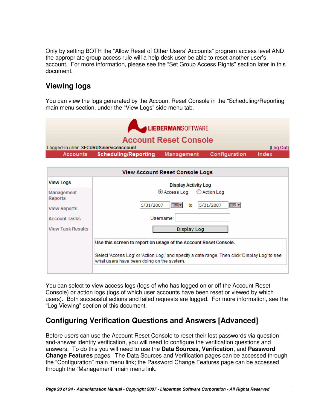 Microsoft 4.5.X manual Viewing logs, Configuring Verification Questions and Answers Advanced 