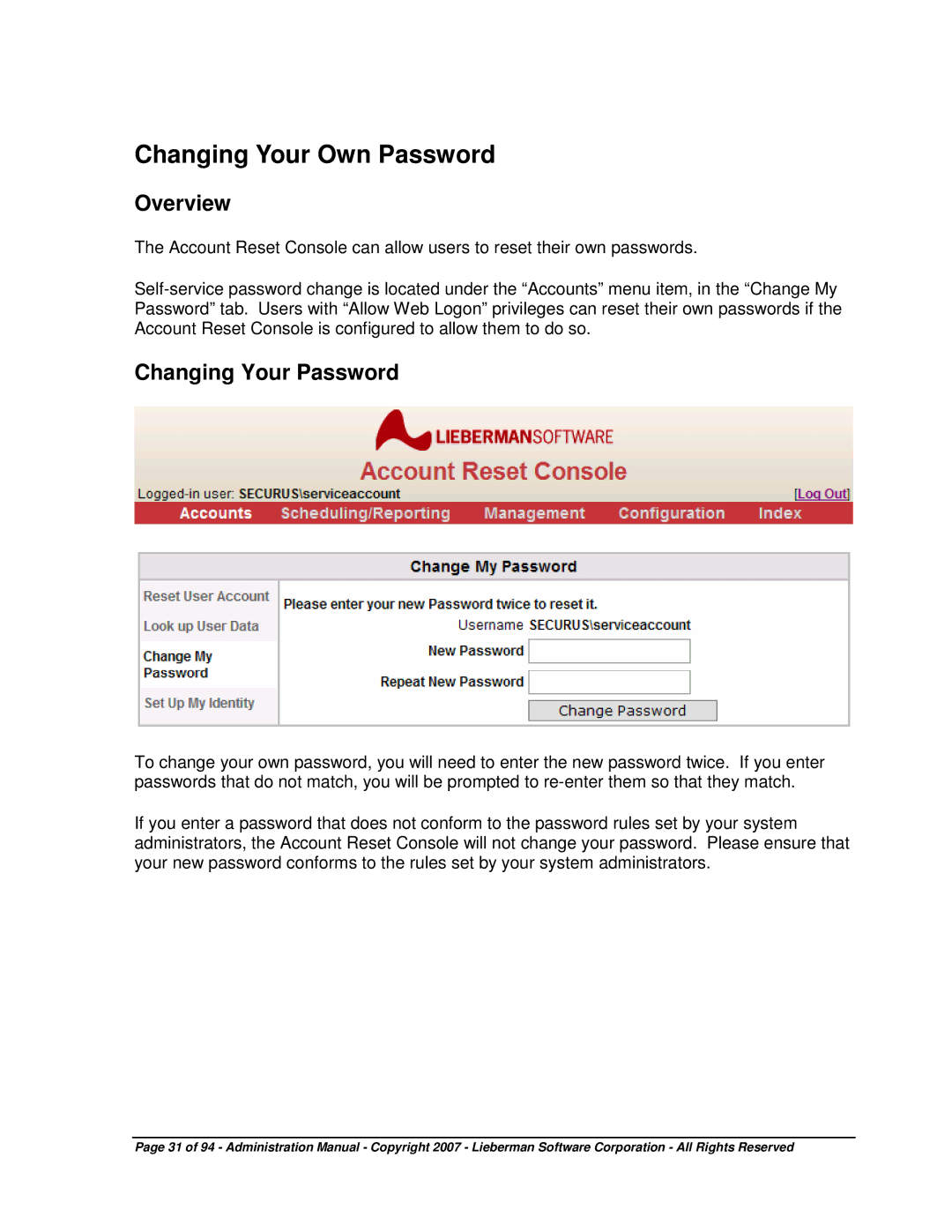 Microsoft 4.5.X manual Changing Your Own Password, Changing Your Password 