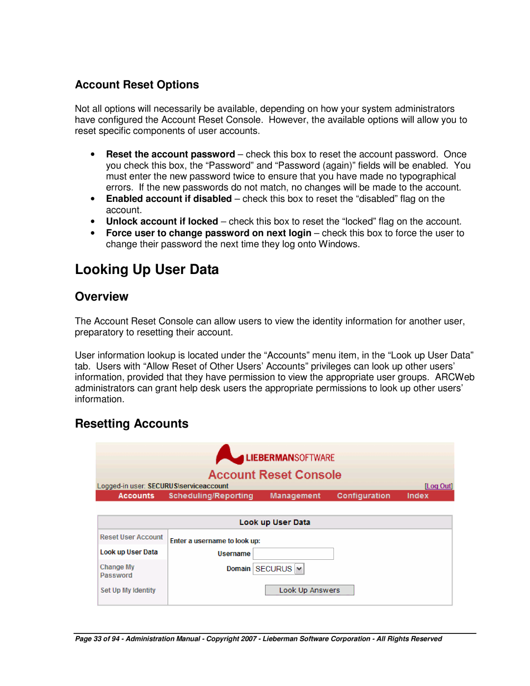 Microsoft 4.5.X manual Looking Up User Data, Account Reset Options 