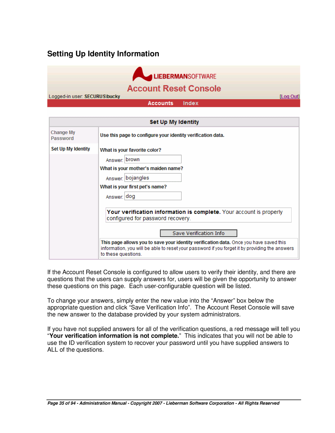 Microsoft 4.5.X manual Setting Up Identity Information 