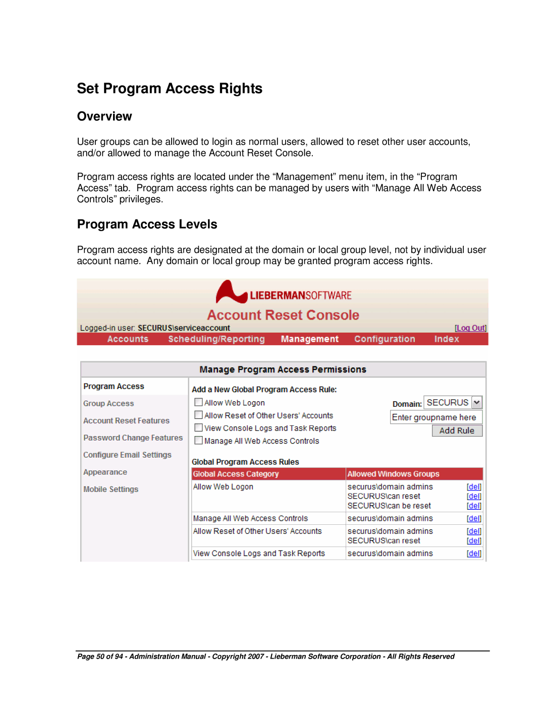 Microsoft 4.5.X manual Set Program Access Rights, Program Access Levels 