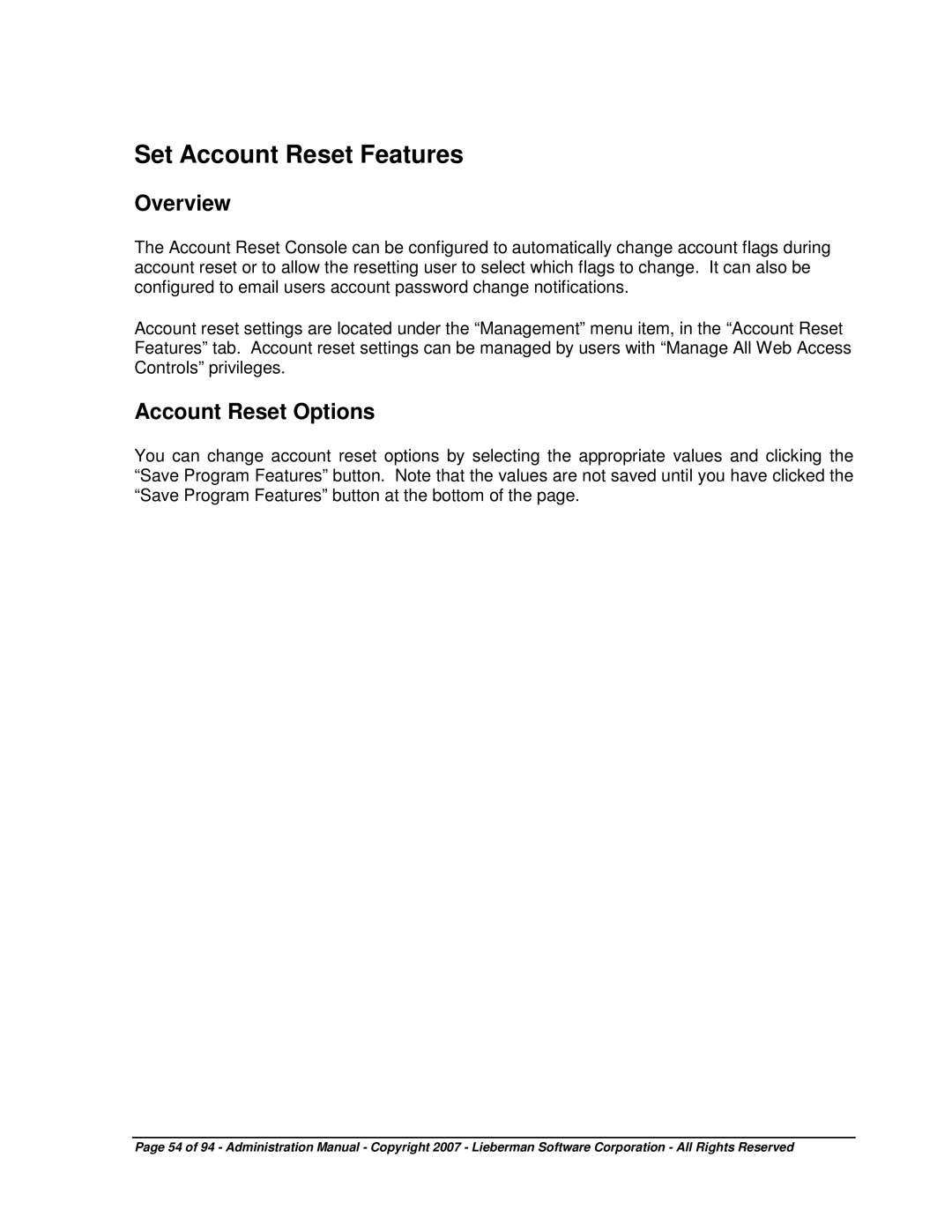 Microsoft 4.5.X manual Set Account Reset Features, Account Reset Options 