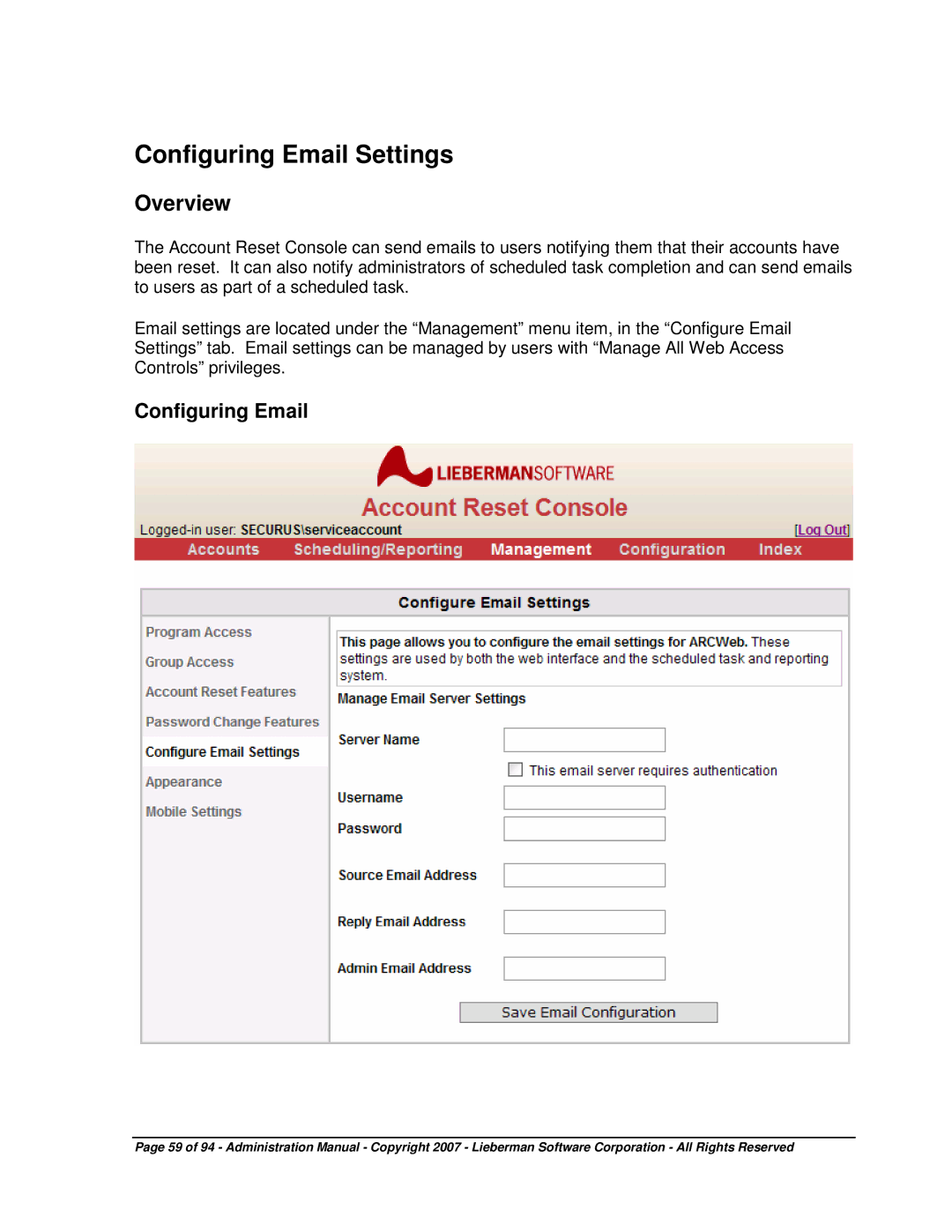 Microsoft 4.5.X manual Configuring Email Settings 