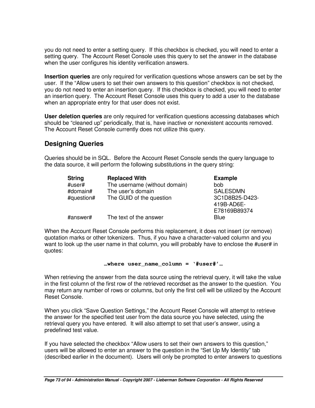 Microsoft 4.5.X manual Designing Queries, String Replaced With Example 