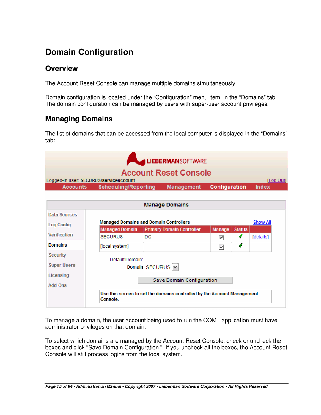 Microsoft 4.5.X manual Domain Configuration, Managing Domains 