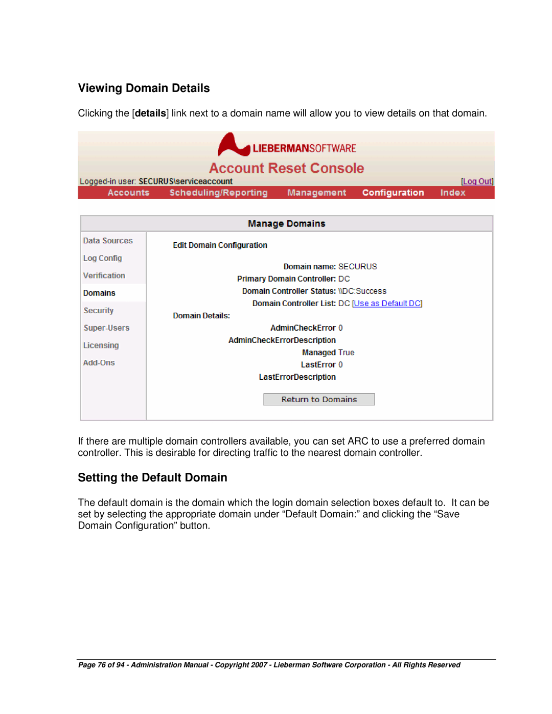 Microsoft 4.5.X manual Viewing Domain Details, Setting the Default Domain 