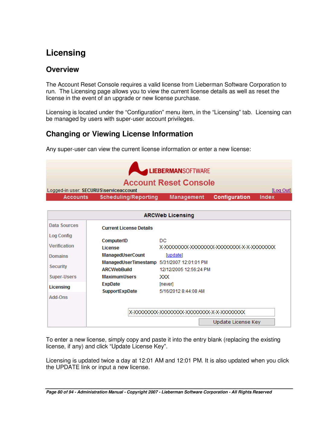 Microsoft 4.5.X manual Licensing, Changing or Viewing License Information 