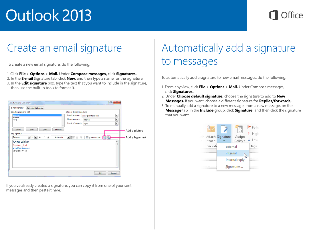 Microsoft 54305747 quick start Create an email signature, Automatically add a signature to messages 