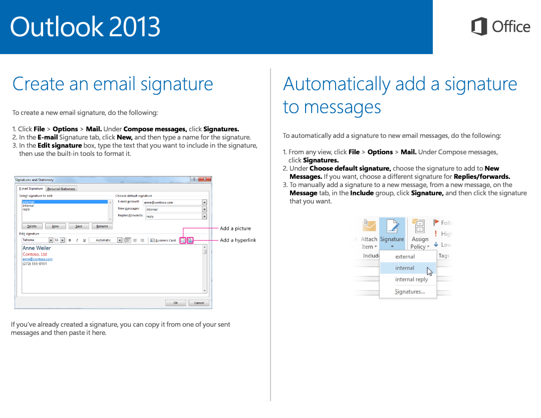 Microsoft 54305747 quick start Create an email signature, Automatically add a signature to messages 