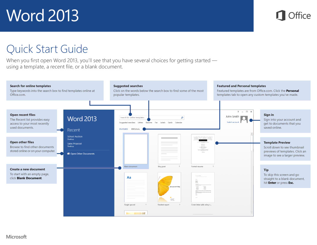 Microsoft 5908400 quick start Open other files, Create a new document, Template Preview, Tip 