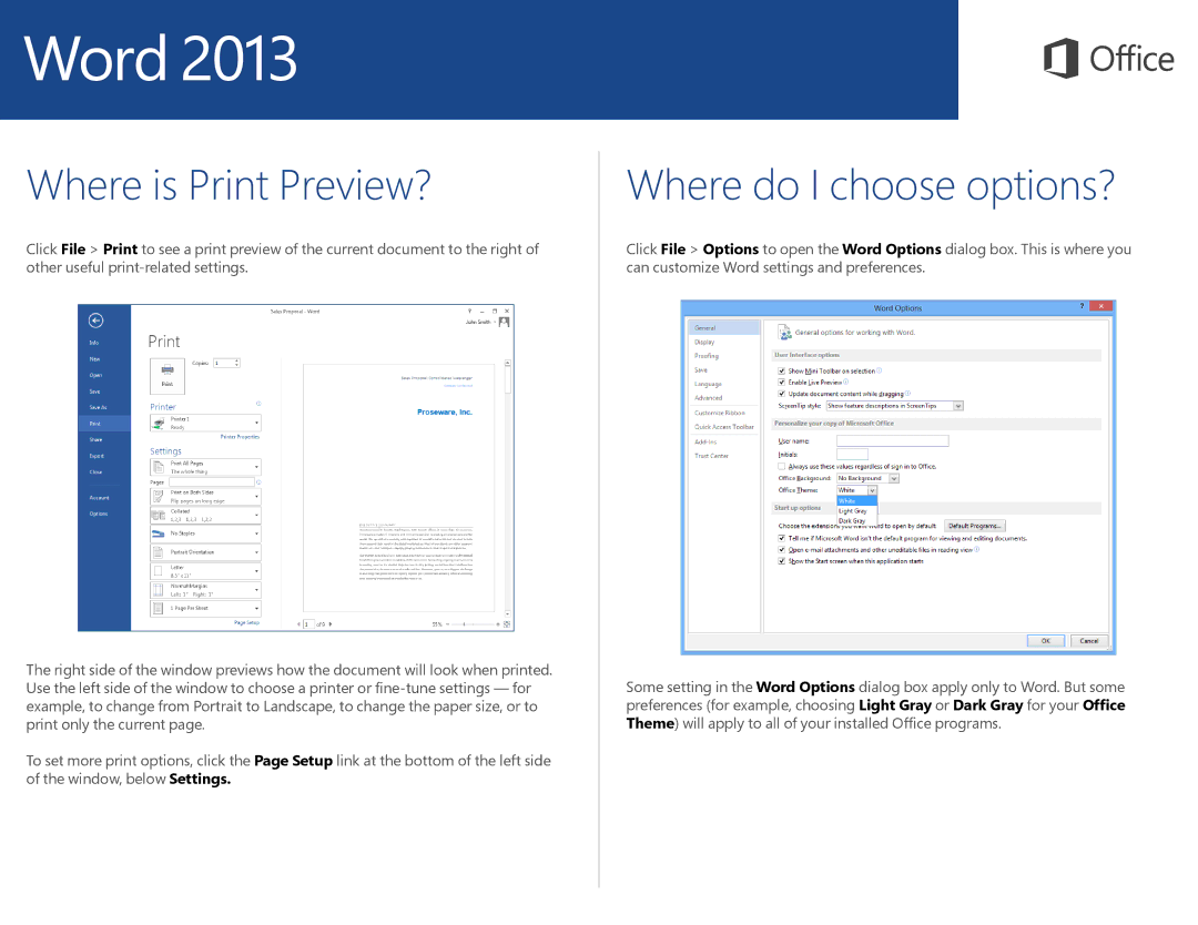 Microsoft 5908400 quick start Where is Print Preview?, Where do I choose options? 