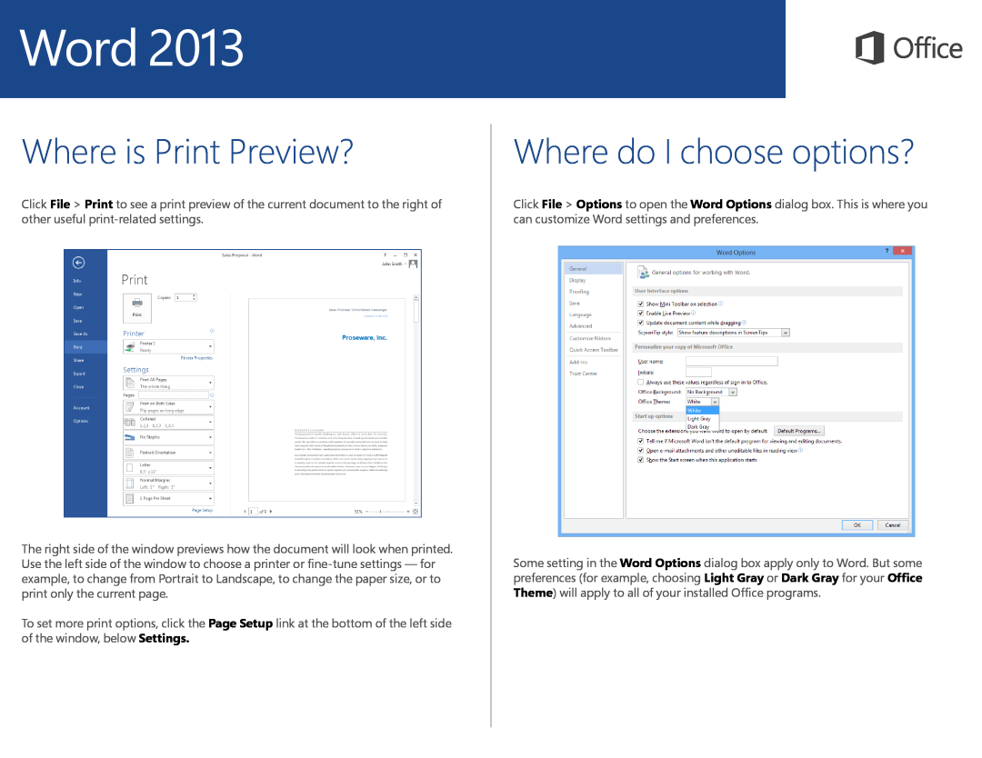 Microsoft 5908400 quick start Where is Print Preview?, Where do I choose options? 