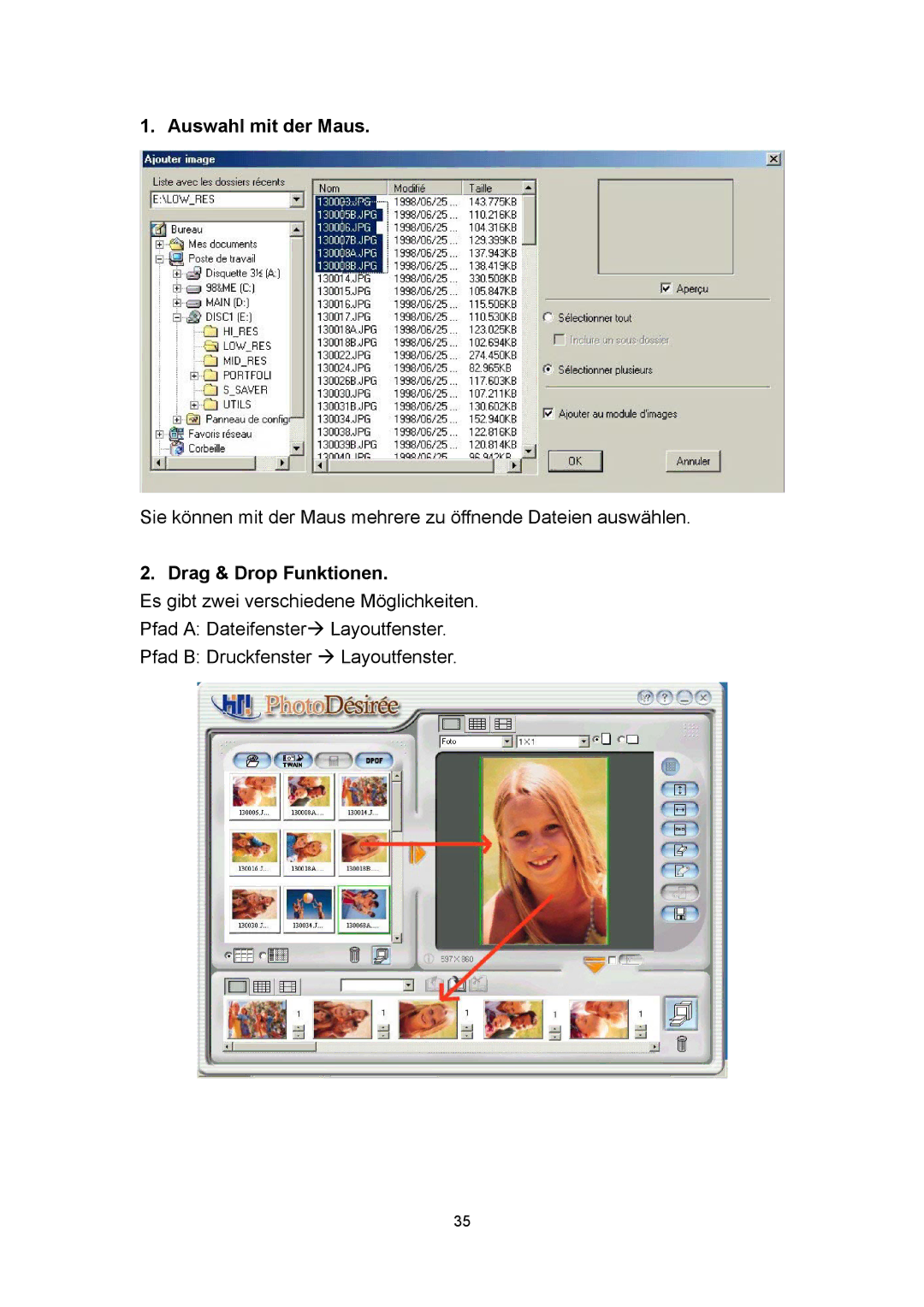 Microsoft 63XPL/PS manual Auswahl mit der Maus, Drag & Drop Funktionen 