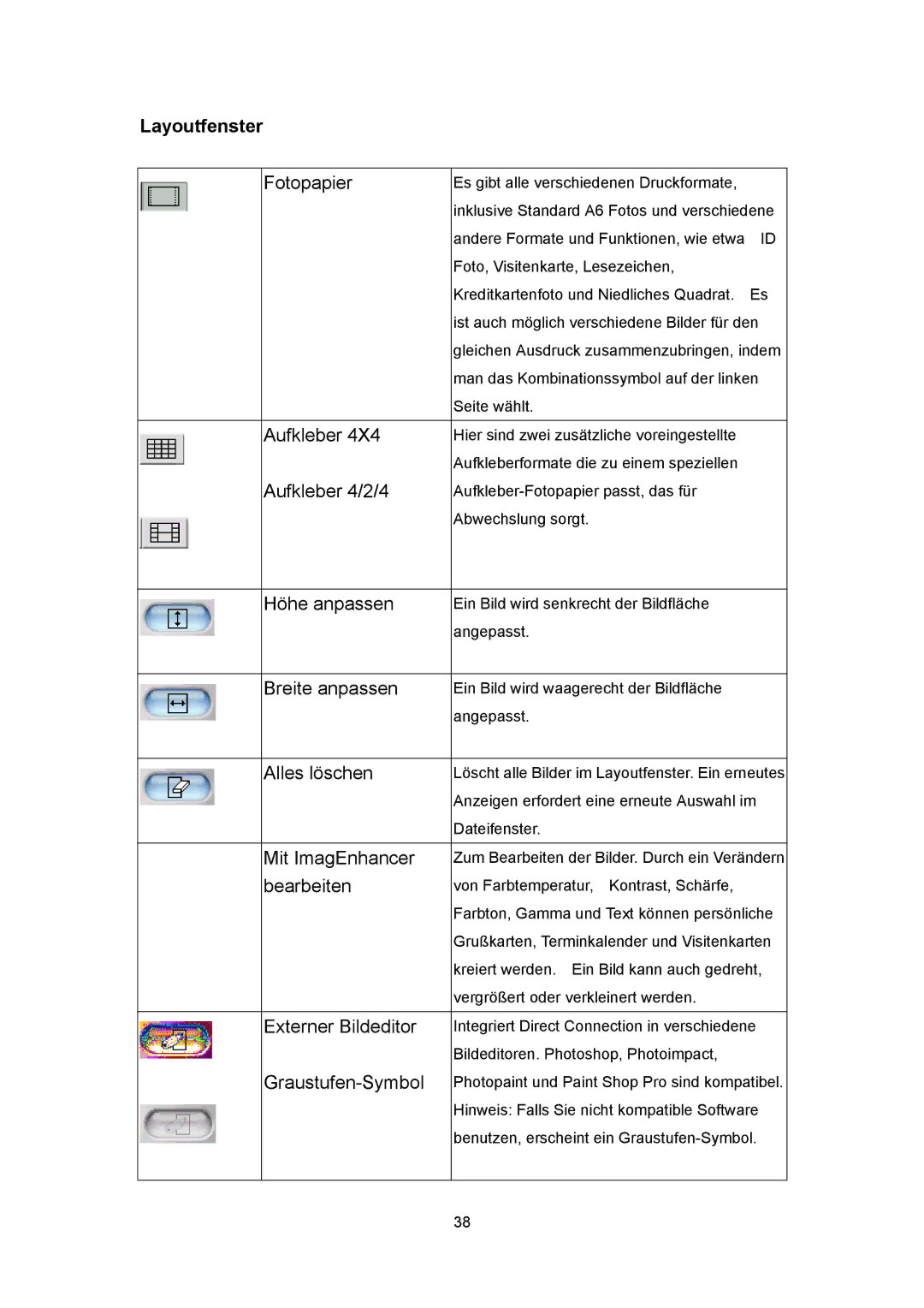 Microsoft 63XPL/PS manual Layoutfenster, Fotopapier 