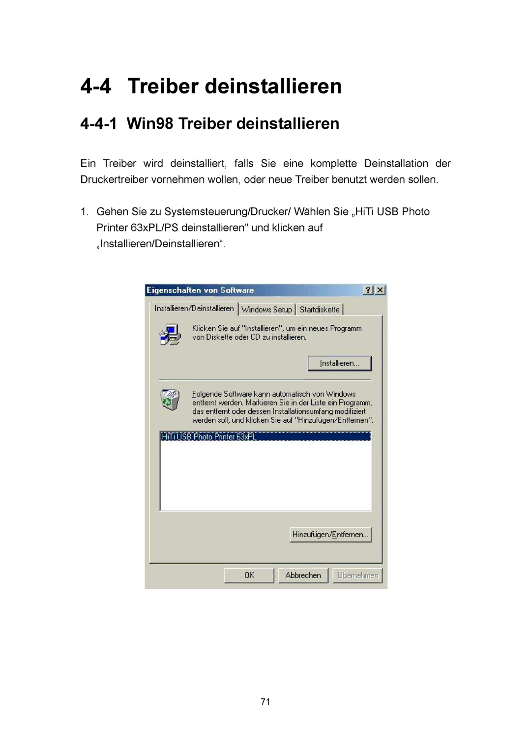 Microsoft 63XPL/PS manual 1 Win98 Treiber deinstallieren 