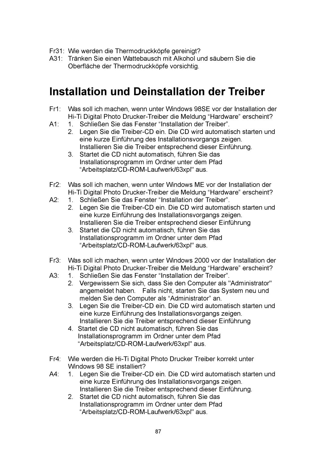 Microsoft 63XPL/PS manual Installation und Deinstallation der Treiber 