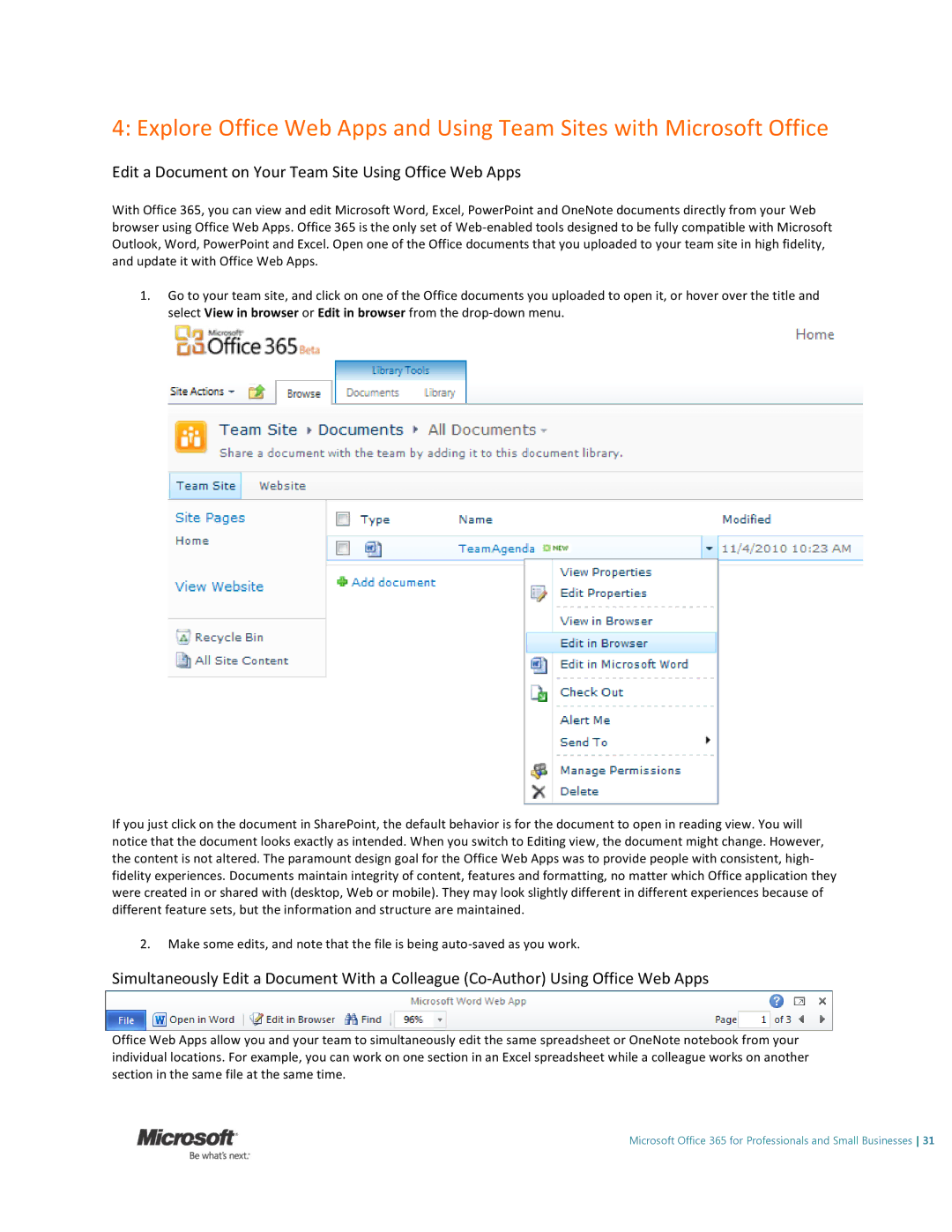 Microsoft 6GQ-00024, 6GQ00024 manual Edit a Document on Your Team Site Using Office Web Apps 