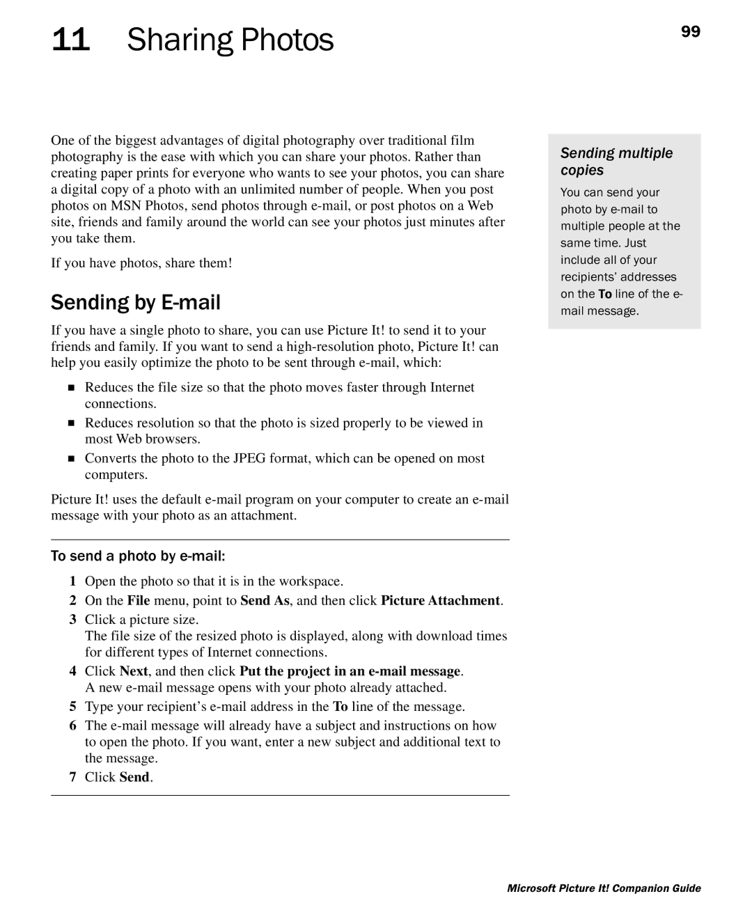Microsoft 702 manual Sharing Photos, Sending by E-mail, To send a photo by e-mail, Sending multiple copies 