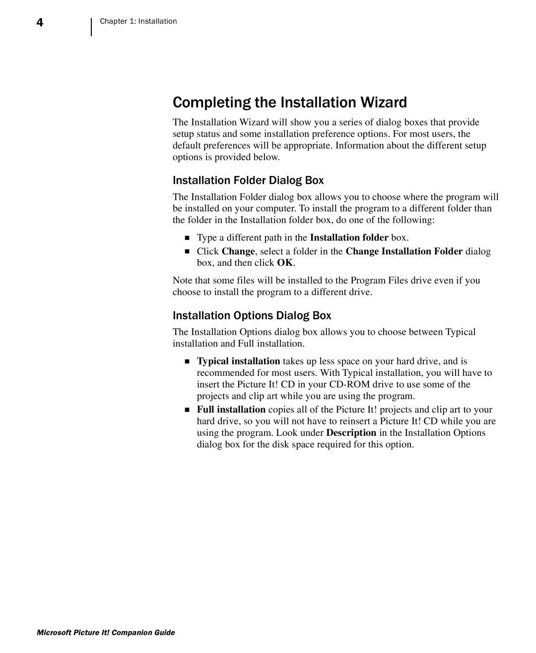 Microsoft 702 manual Completing the Installation Wizard, Installation Folder Dialog Box, Installation Options Dialog Box 