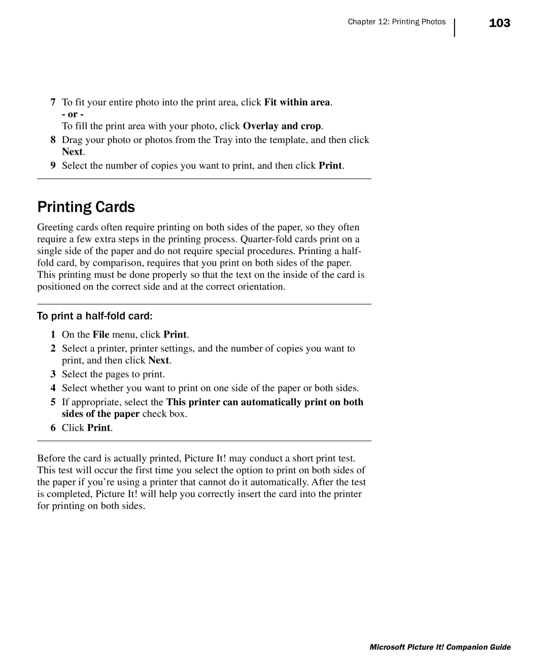 Microsoft 702 manual Printing Cards, 103, To print a half-fold card 