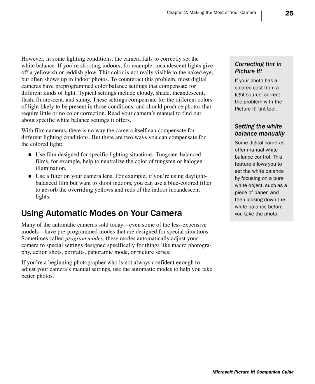 Microsoft 702 Using Automatic Modes on Your Camera, Correcting tint in Picture It, Setting the white balance manually 