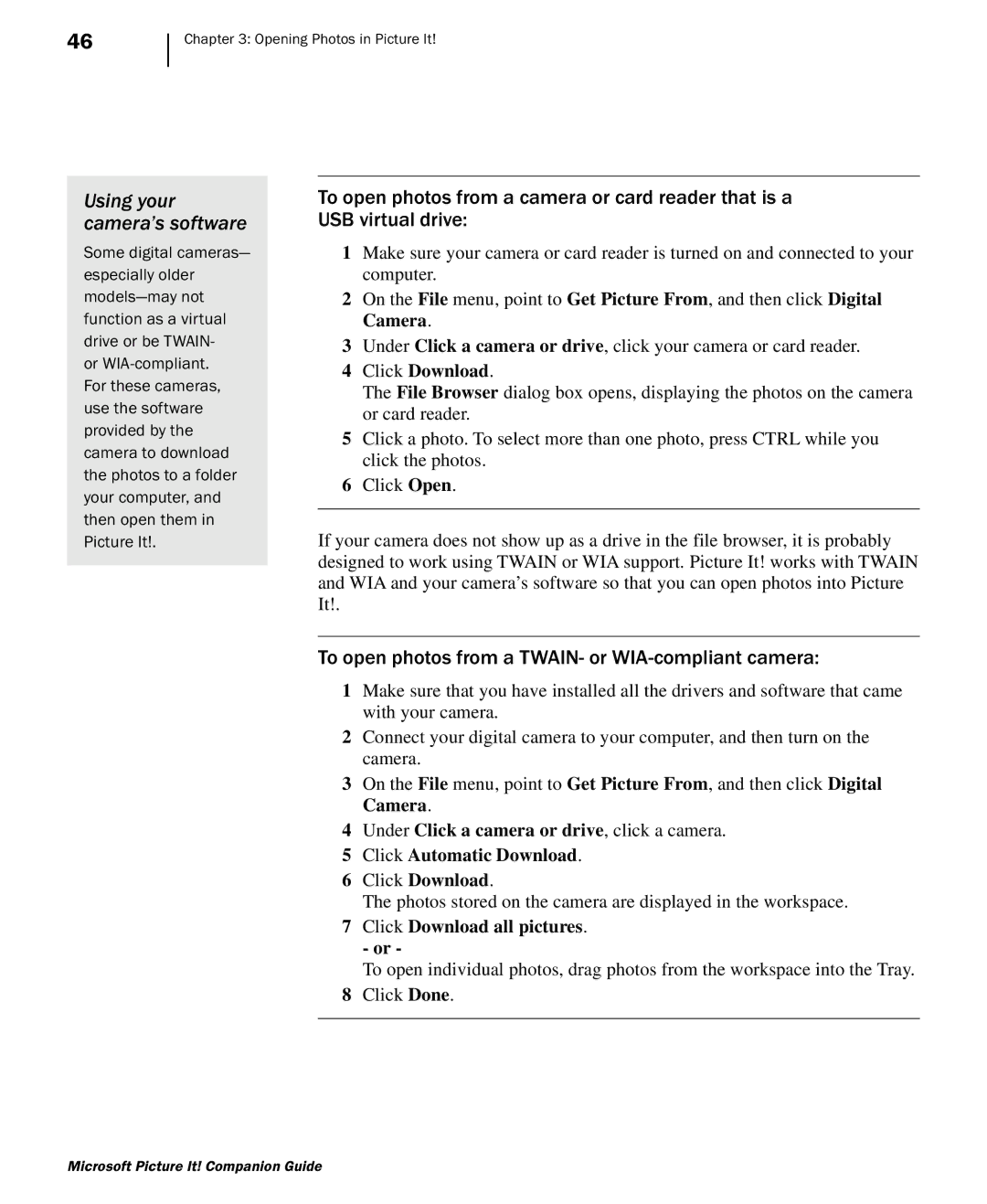 Microsoft 702 manual Using your camera’s software, To open photos from a TWAIN- or WIA-compliant camera, Click Download 