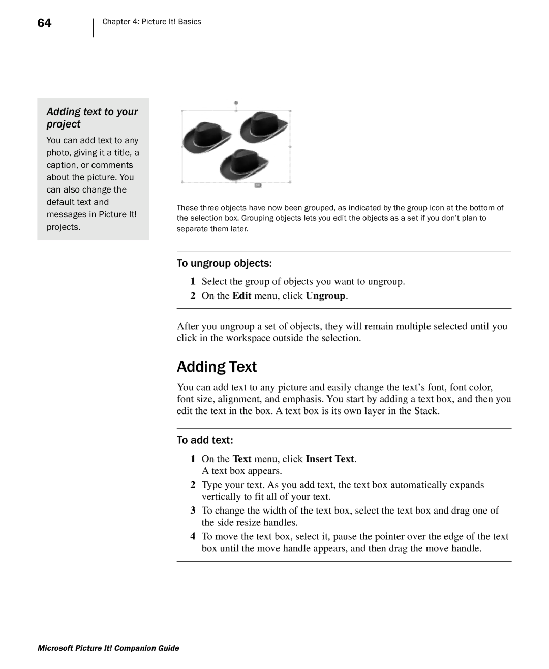 Microsoft 702 manual Adding Text, Adding text to your project, To ungroup objects, To add text 