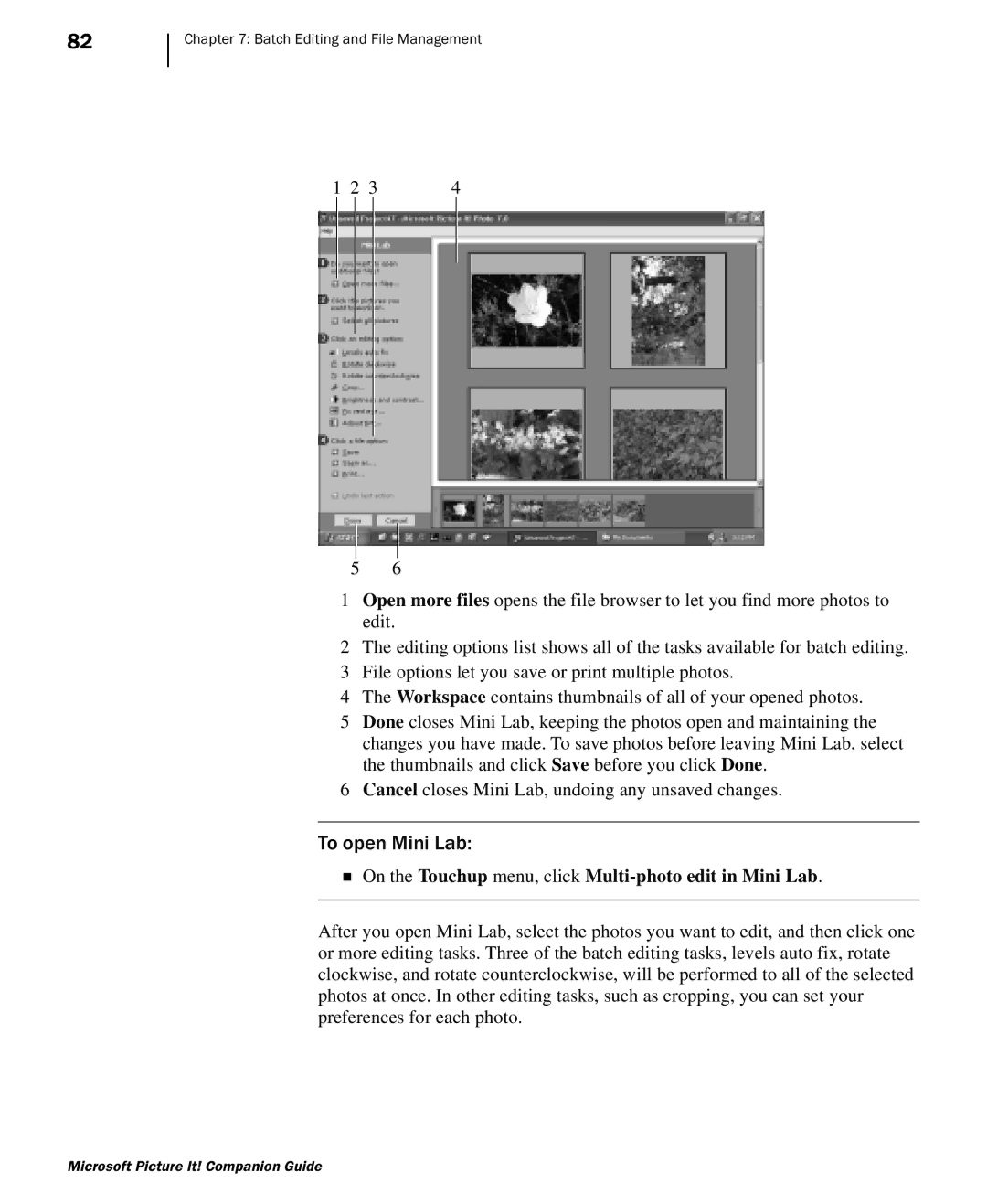 Microsoft 702 manual To open Mini Lab, On the Touchup menu, click Multi-photo edit in Mini Lab 