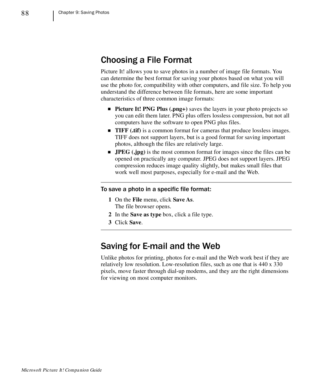 Microsoft 702 manual Choosing a File Format, Saving for E-mail and the Web, To save a photo in a specific file format 