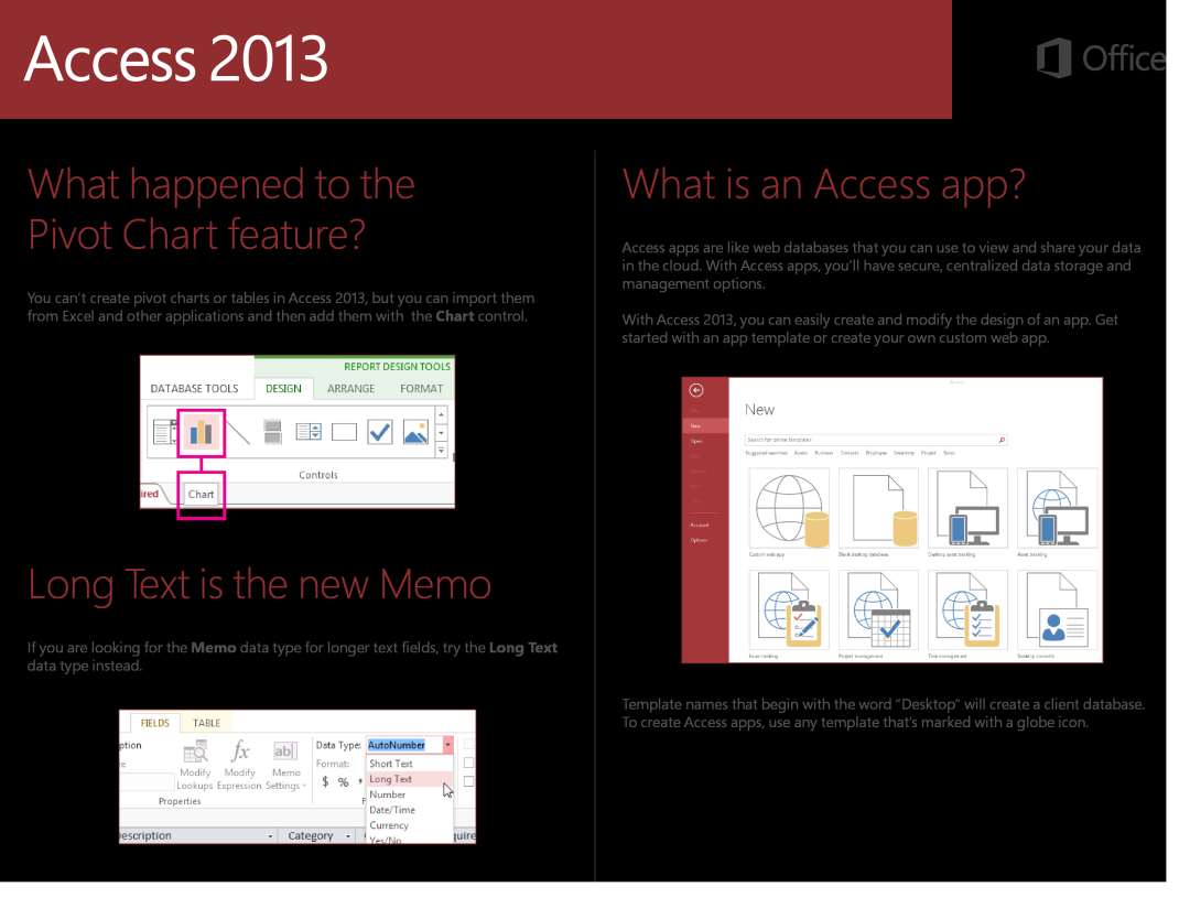 Microsoft 7706368 quick start What happened to the Pivot Chart feature?, Long Text is the new Memo, What is an Access app? 