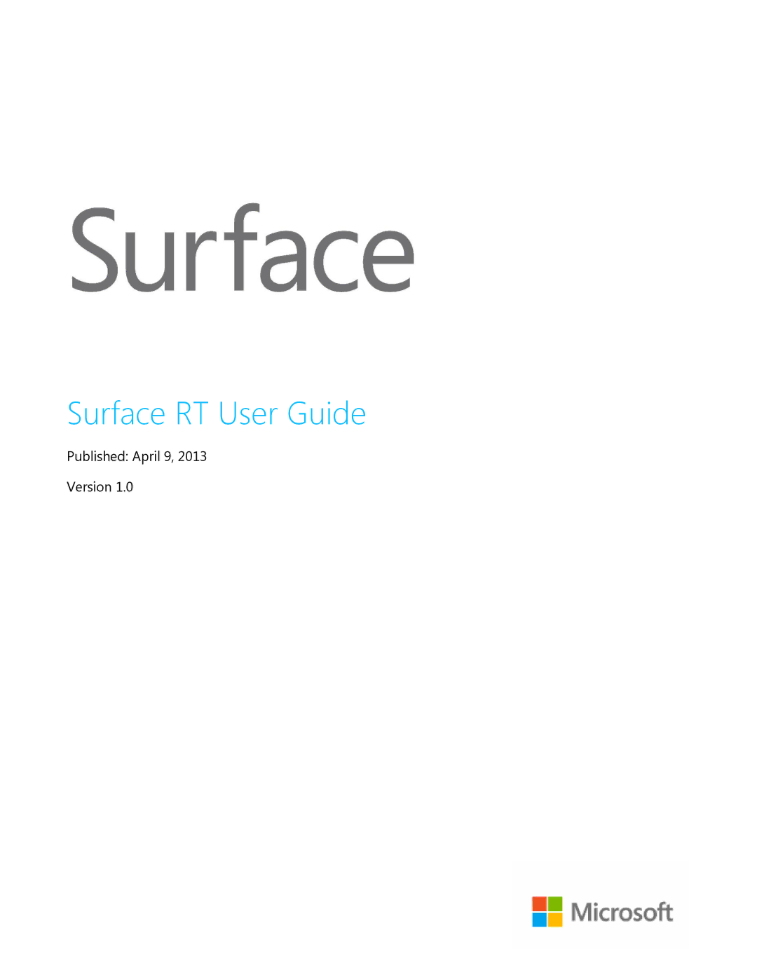 Microsoft 7XR-00001 manual Surface RT User Guide, Published April 9 Version 