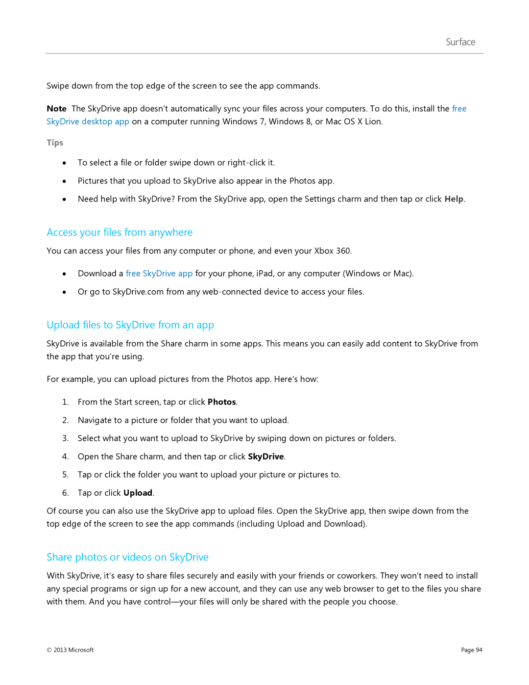 Microsoft 7XR-00001, Surface RT manual Access your files from anywhere, Upload files to SkyDrive from an app 