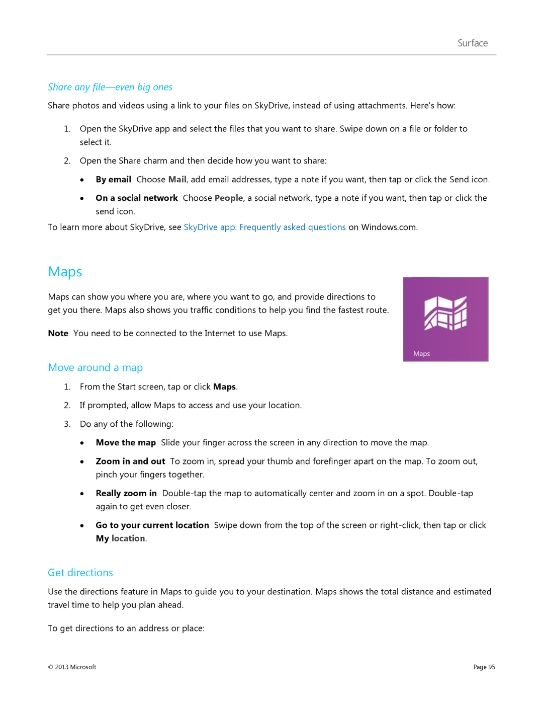 Microsoft Surface RT, 7XR-00001 manual Maps, Move around a map, Get directions, Share any file-even big ones 