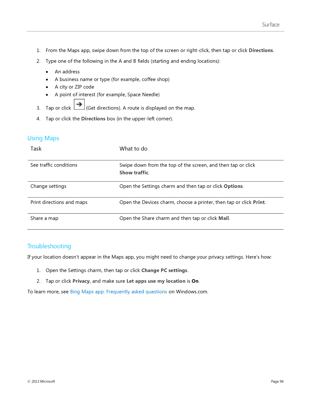 Microsoft 7XR-00001, Surface RT manual Using Maps, Troubleshooting 