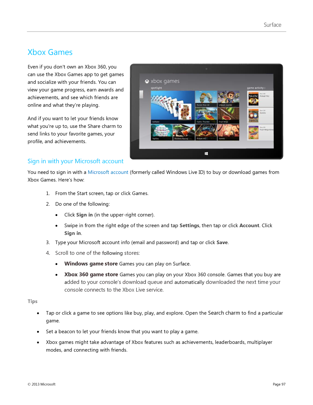 Microsoft Surface RT, 7XR-00001 manual Xbox Games, Scroll to one of the following stores 