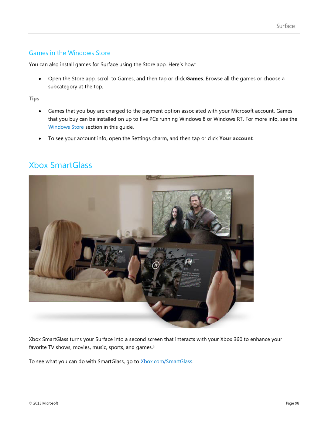Microsoft 7XR-00001, Surface RT manual Xbox SmartGlass, Games in the Windows Store 