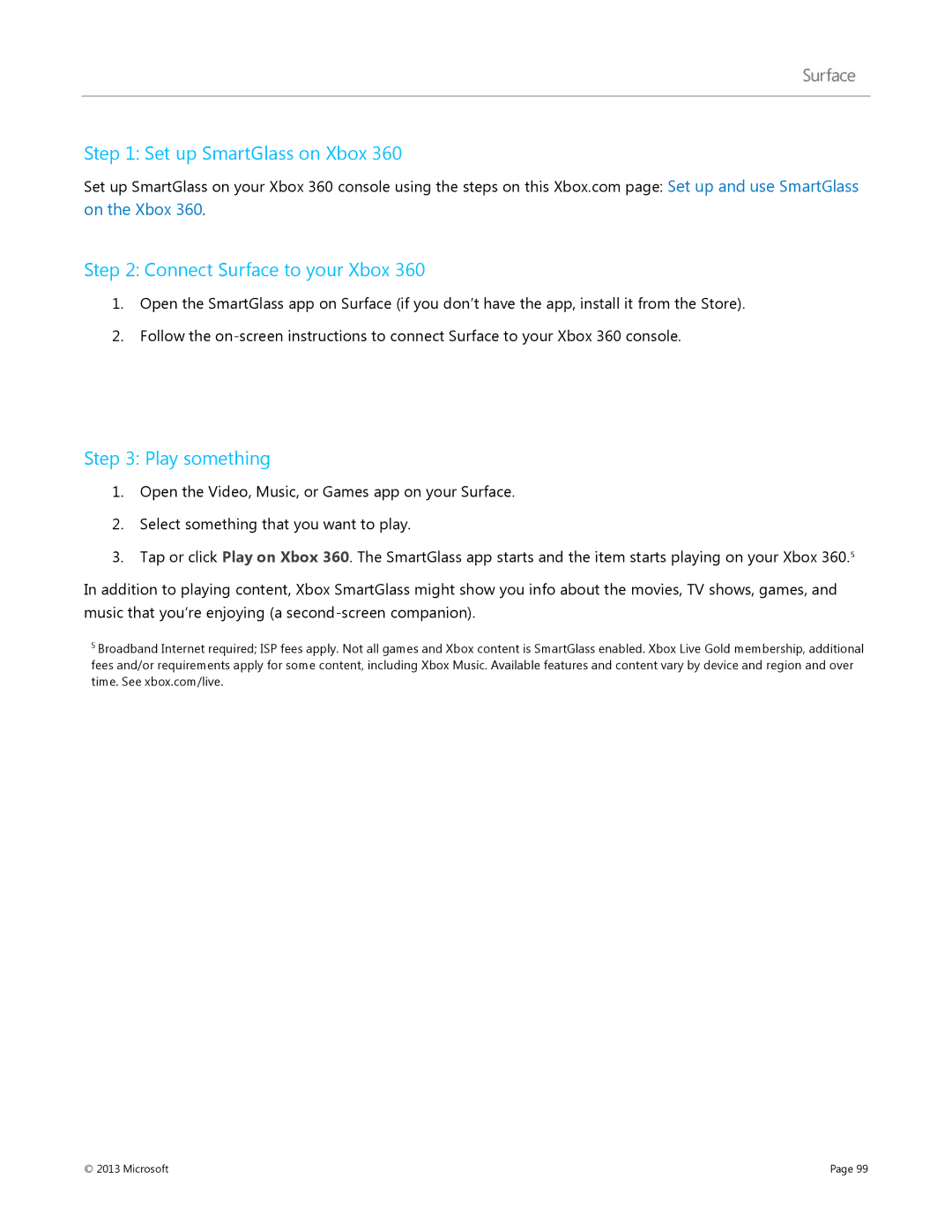 Microsoft Surface RT, 7XR-00001 manual Set up SmartGlass on Xbox Connect Surface to your Xbox, Play something 