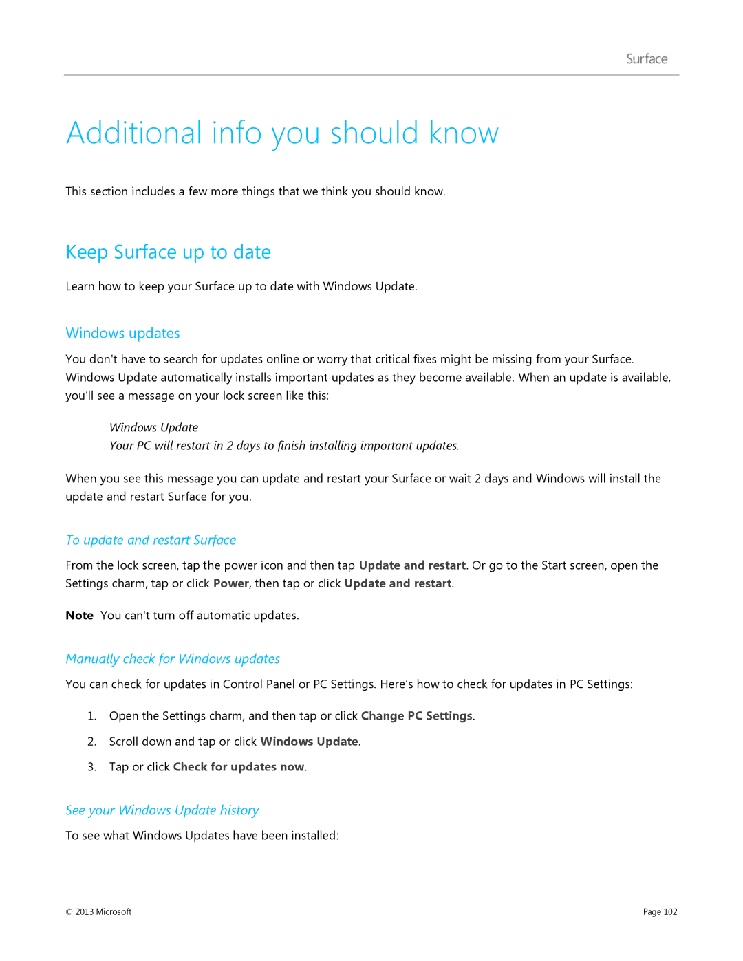 Microsoft 7XR-00001, Surface RT manual Additional info you should know, Keep Surface up to date, Windows updates 