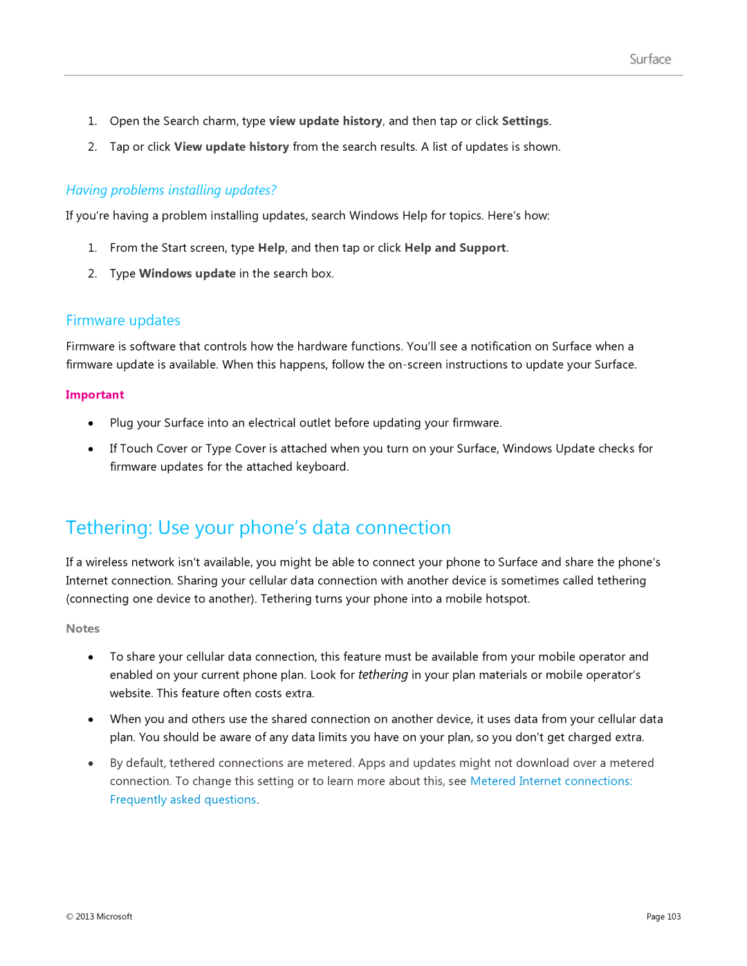 Microsoft Surface RT Tethering Use your phone’s data connection, Firmware updates, Having problems installing updates? 