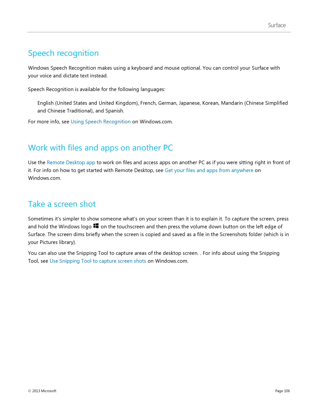 Microsoft 7XR-00001, Surface RT manual Speech recognition, Work with files and apps on another PC, Take a screen shot 