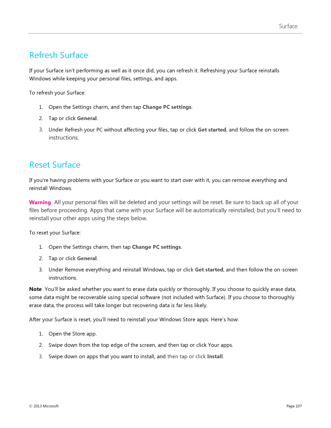 Microsoft Surface RT, 7XR-00001 manual Refresh Surface, Reset Surface 