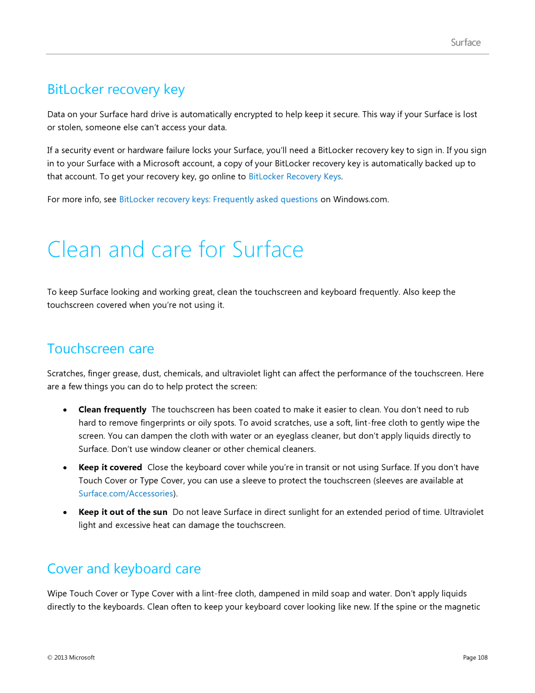 Microsoft 7XR-00001 manual Clean and care for Surface, BitLocker recovery key, Touchscreen care, Cover and keyboard care 